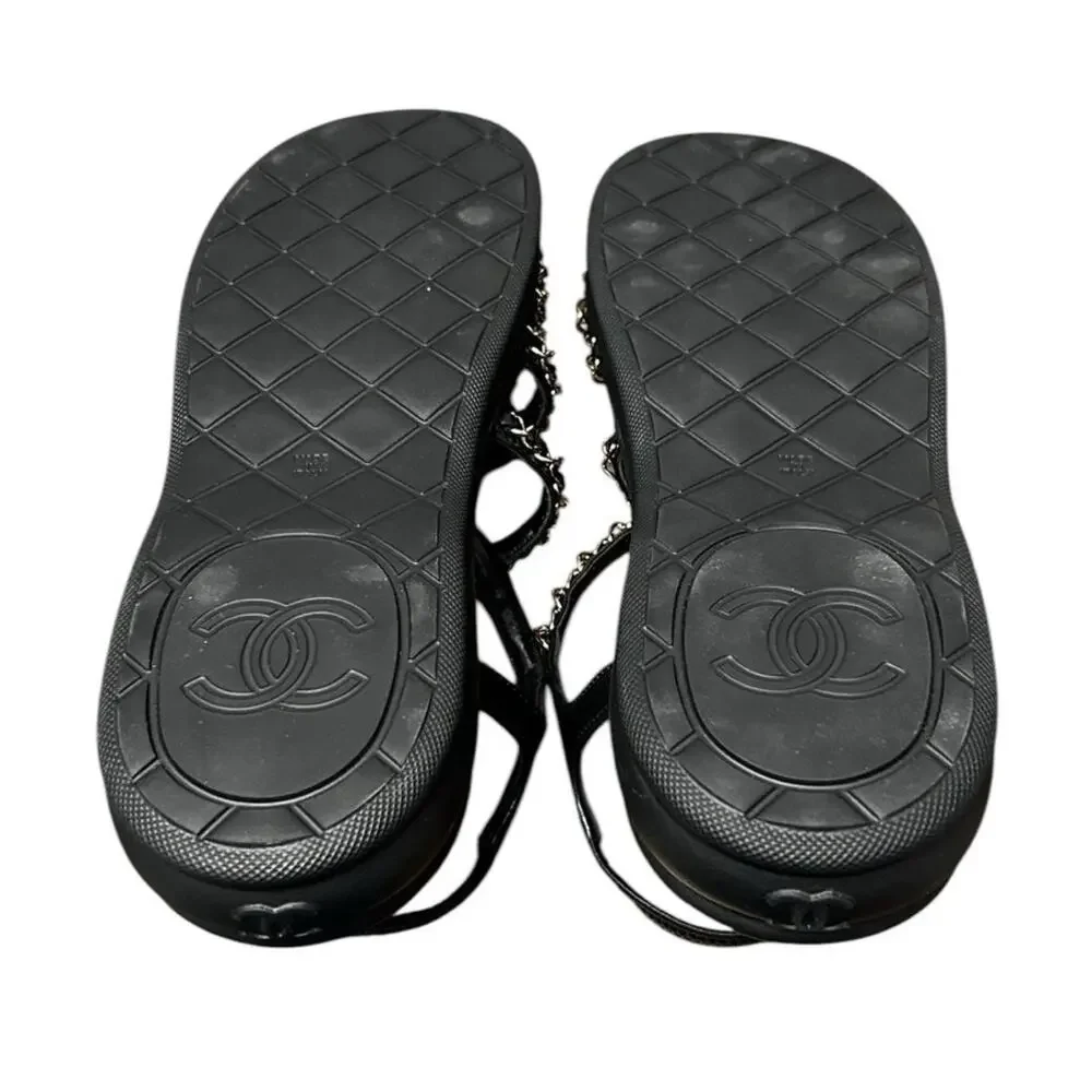 Chanel Black Gold Lambskin Leather Chain Slingback Sandals Womens 39 / US 9